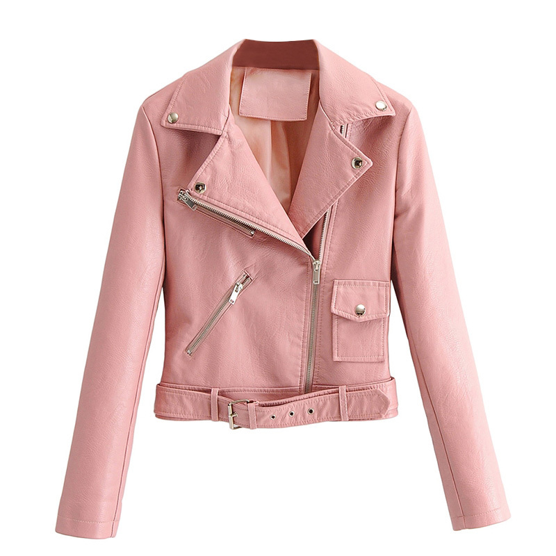 Solid Pu Leather Jacket Women With Belt Office Wear Zipper Tops Lady Long Sleeve Stylish Chic Coat Female Spring Autumn 210515