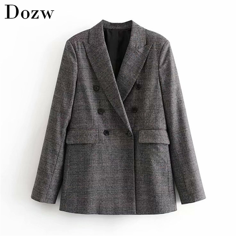 Vintage Double Breasted Women Plaid Blazers Suit Pockets Notched Collar Retro Coat Long Sleeve Lattice Office Jacket Outerwaer 210515