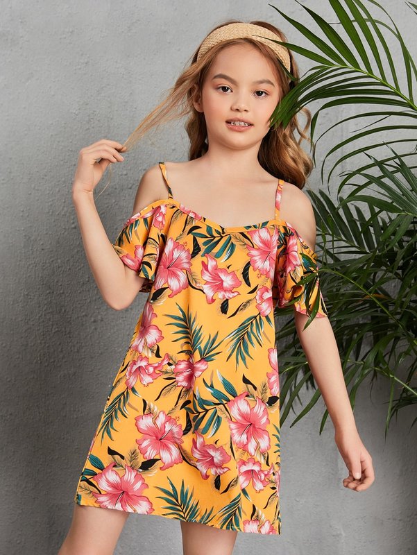 Girls Tropical Print Cold Shoulder Dress SHE
