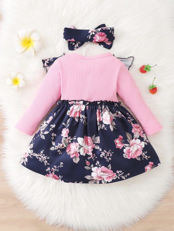 Baby 2 In 1 Floral Ruffle Trim Bow Front Dress & Headband SHE