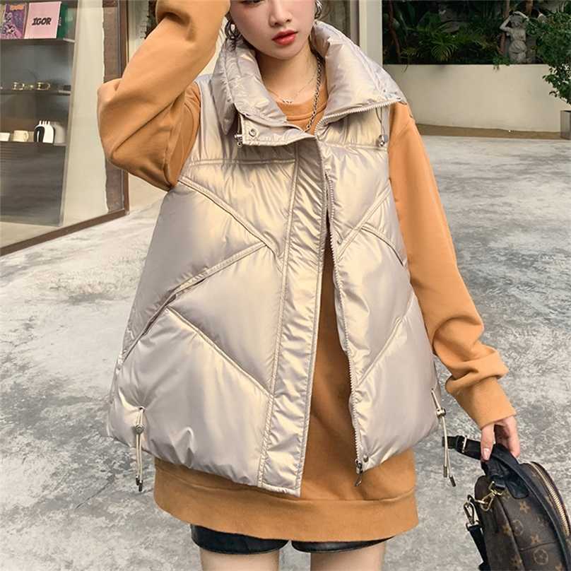 Shinny Winter Puffer Vest Women Solid Turn Down Collar Zipper Quilted Ladies Sleeveless Jacket Loose Korean Style Waistcoat 211105