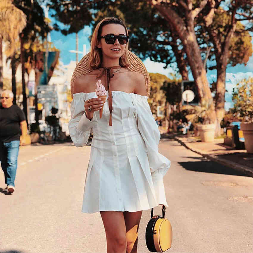 OOTN Sexy Off Shoulder White Tunic Dress Pleated Summer Women Long Sleeve Shirt Dress Female Ruffle Party Mini Dresses Elegant 210409