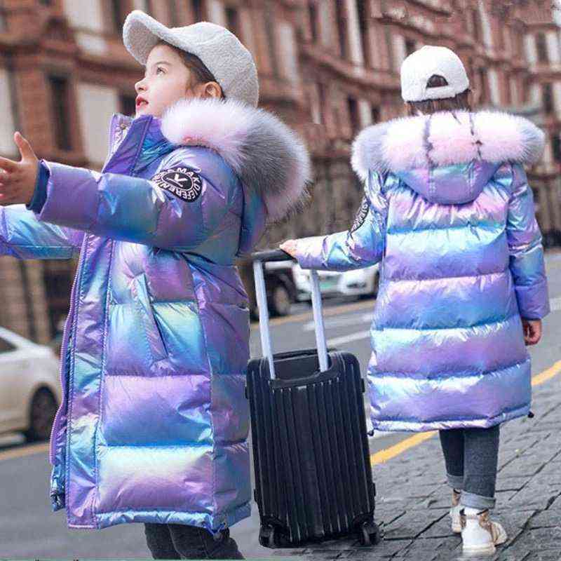 Winter Down Jacket For Girls Coat Waterproof Shiny Hooded Children Outerwear Clothing 5-14 Year Teenage Kids Parka Snowsuit 211111