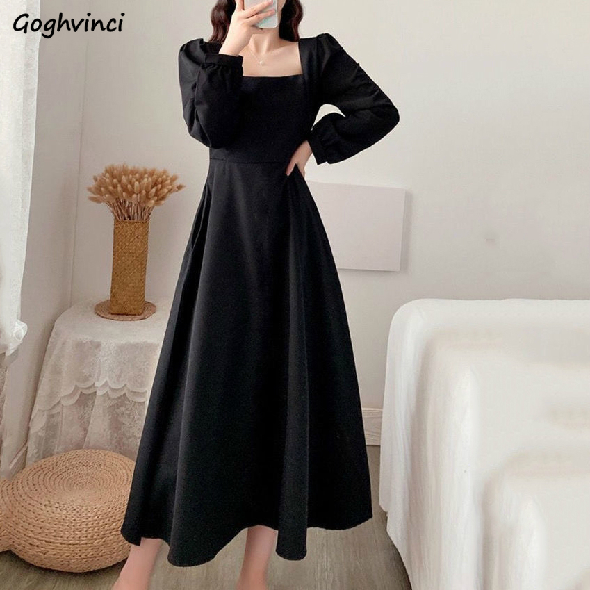 Long Dress Women Solid Elegant French Style Ladies Square Collar Puff Sleeve Drape Dresses High Waist Simple Party Vestidos Chic, Black 
Long Dress Women Solid Elegant French Style Ladies Square Collar Puff Sleeve Drape Dresses High Waist Simple Party Vestidos Chic, Black