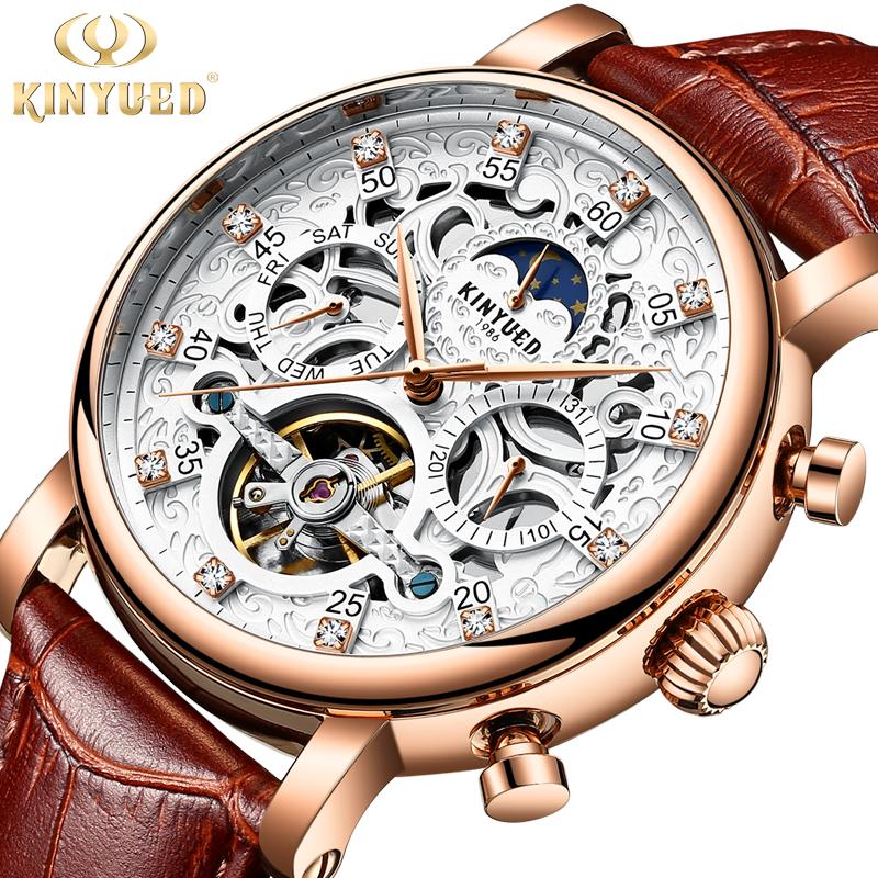 Wristwatches Kinyued Automatic Mechanical Watch Skeleton Tourbillon Design Business Casual Leather Moon Phase Top Men, Gold brow
Wristwatches Kinyued Automatic Mechanical Watch Skeleton Tourbillon Design Business Casual Leather Moon Phase Top Men, Gold brow