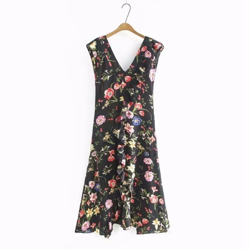 

Summer Women Sleeveless Floral Tank Dress V neck Ruffles Mid Calf A-line Vacation Beach Party Casual XZ2369 210603, Black