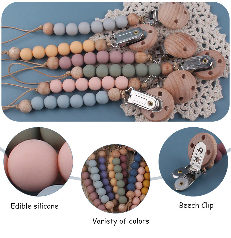 INS baby Safty Wooden Silicon Soothers & Teethers Beads Ball Design Health Care Teething Pacifier Anti-drop Chain Infant Suitable For 0-3Months