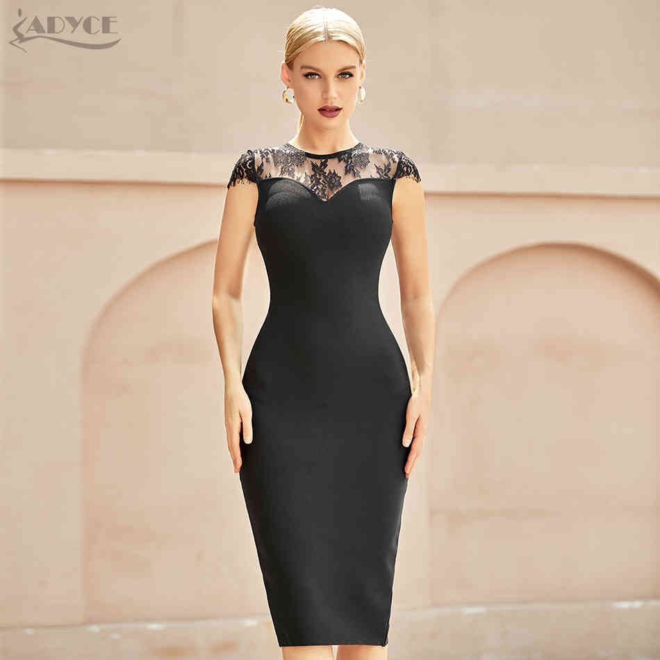 Summer Black Lace Short Sleeve Bodycon Bandage Dress For Women Sexy Midi Lady Celebrity Evening Club Party 210423