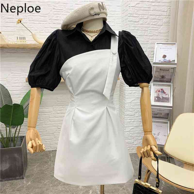 Neploe Women Set Spring Summer Korean Puff Short Sleeve Thin Sunscreen Shirt with One-shoulder Strap Dress Two-piece Suit Female 210422