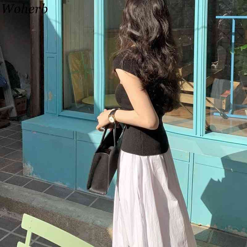 Knitted Women T Shirts Sexy Crop Top White Slim Thin Knitwear Tees Korean Elegant Casual Stretch Chic Tshirts 210519