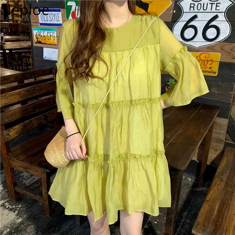 Neploe Japanese Sweet Dresses Women Summer Thin White Vestidos O-neck Short Sleeve Loose Ruffles Robe Korean Fashion Dress 210422
