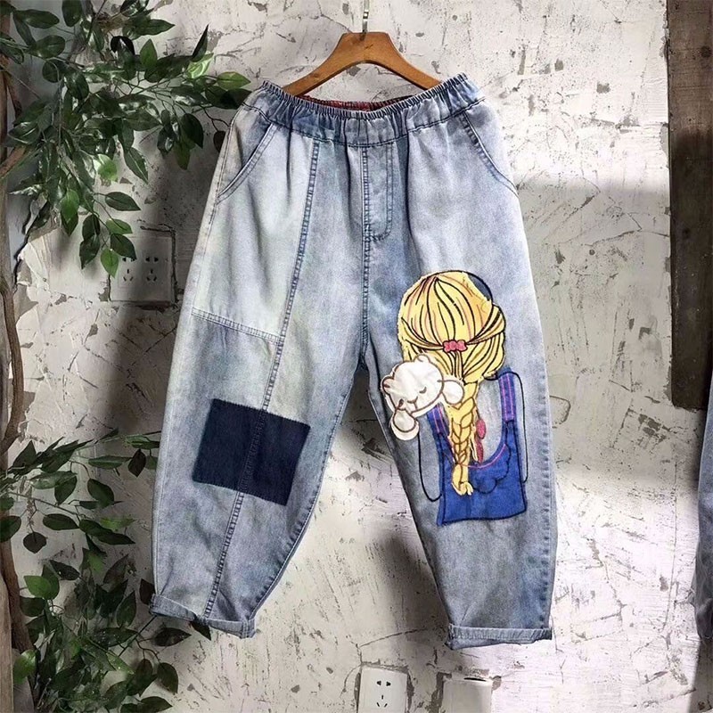 High Quality Spring Summe Women Elastic Waist Loose Jeans Vintage Patchwork Cartoon Embroidery Cotton Denim Harem Pants M232 210512