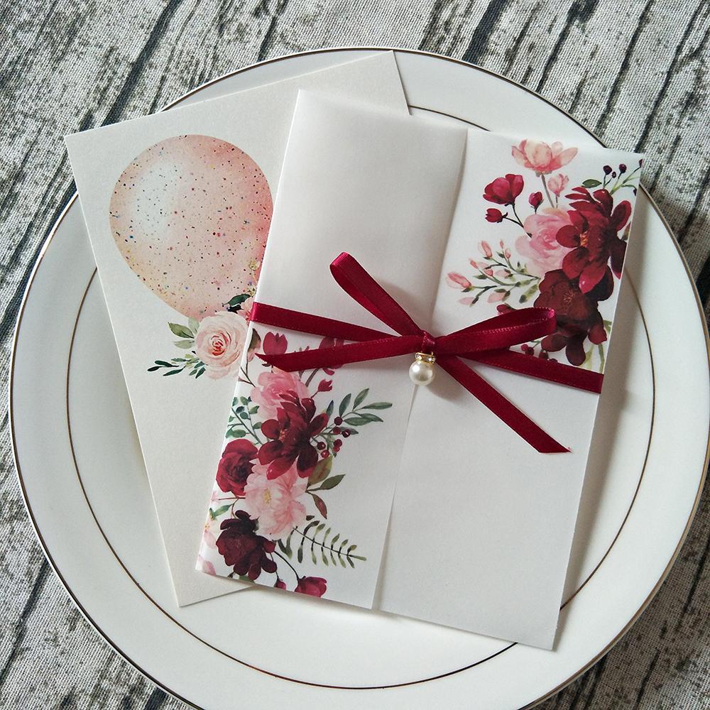 New Burgundy Personalized Print Translucent Wedding Invitation with Rhinestone Ribbon and Pearl Envelope DIY Vellum Wrap Quinceanera