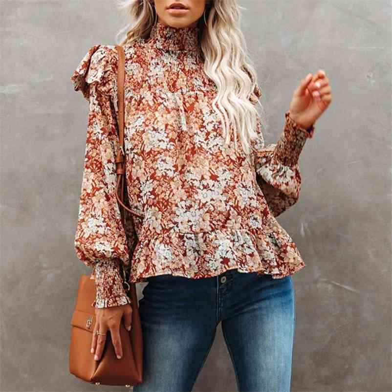 Foridol Floral Print Boho Autumn Winter Ruffle Blouse Tops Women Long Sleeve Turtleneck Red Office Ladies Casual Blouse Shirts 210415