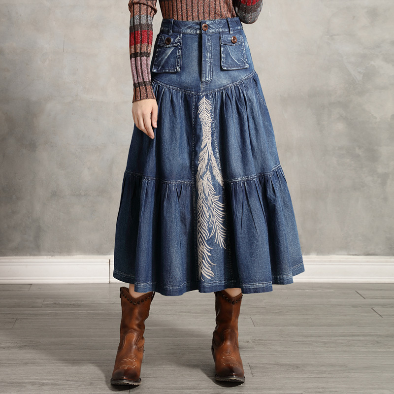 Johnature Women Embroidery Floral Denim Skirts Blue Pockets Autumn Vintage A-Line Female Denim Chinese Style Skirts 210521
Johnature Women Embroidery Floral Denim Skirts Blue Pockets Autumn Vintage A-Line Female Denim Chinese Style Skirts 210521