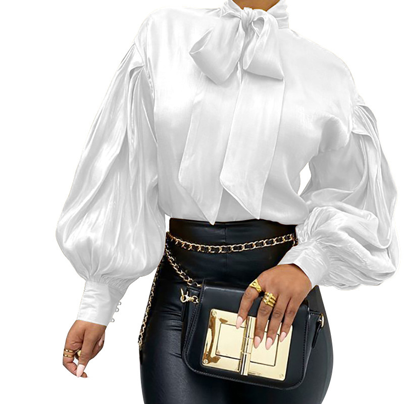 Women Blouse Puff Sleeve Bow Tie Shirts Long Vintage Ladies Tops Temperament Satin White Autumn 210524