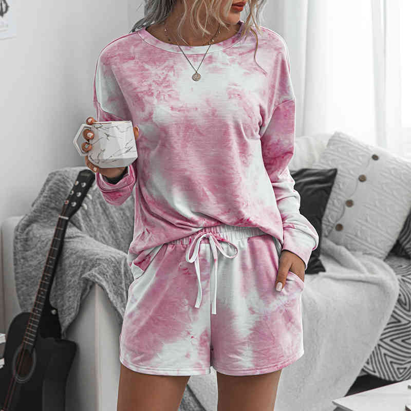 Wonder casual Tie-dye suits plus size loose long sleeve pink over elastic waist ladies 210510