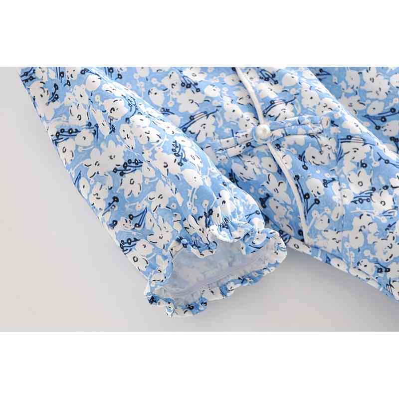 Chinese Style Elegant Pearl Buttons Blue Floral Print Dress Short Sleeve Side Slit Woman Cheongsam Dresses Summer 210429