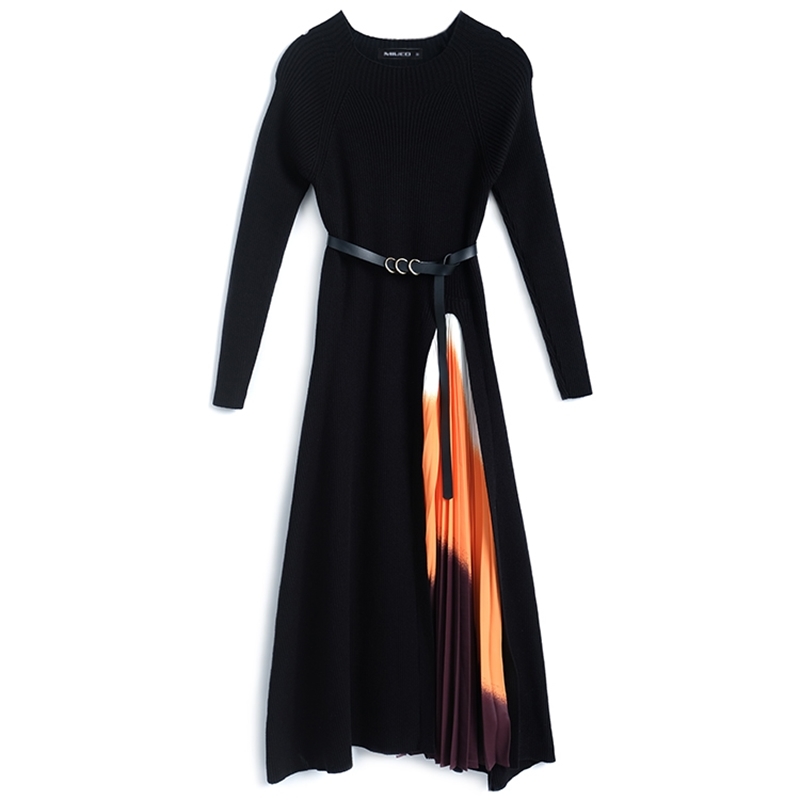 Spring Fall Fashion Elegant Knitted Patchwork Gradient Color Pleated Midi Dress Female Long Sleeve Slim Casual 210519
