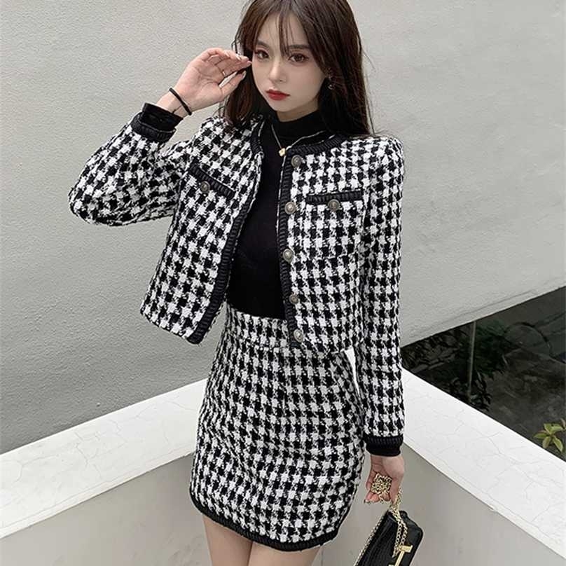 Xiaoxiangfeng two-piece female spring and autumn houndstooth long-sleeved splicing jacket skirt suit trendy 211106