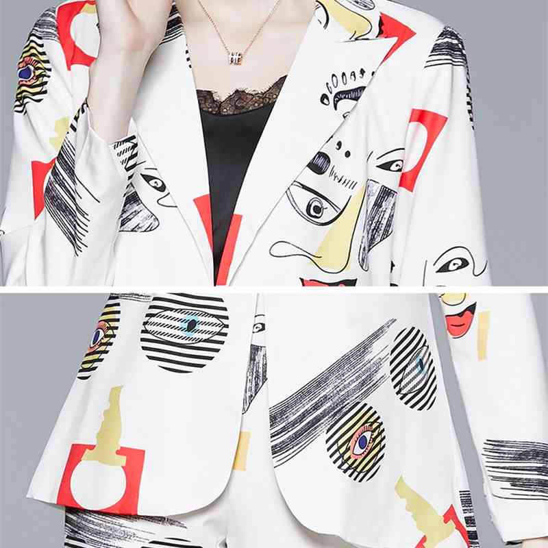 Women Suits office sets Long Sleeve Cartoon Geometric Print One Button Turn-down Collar Blazer + Pencil pant suits for women 210506