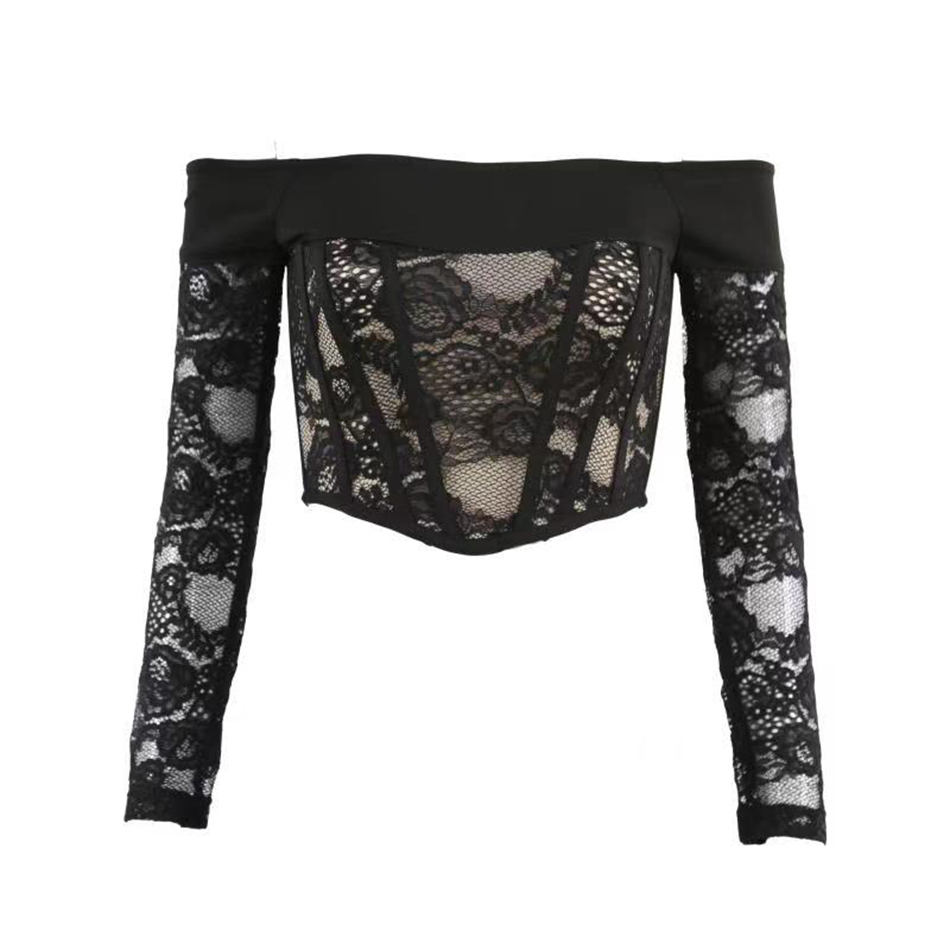 Free Sexy Summer Lace Shirt Women's Black Card Shoulder Long Sleeve Bodycon Cropped Top Club Party Halter 210524
