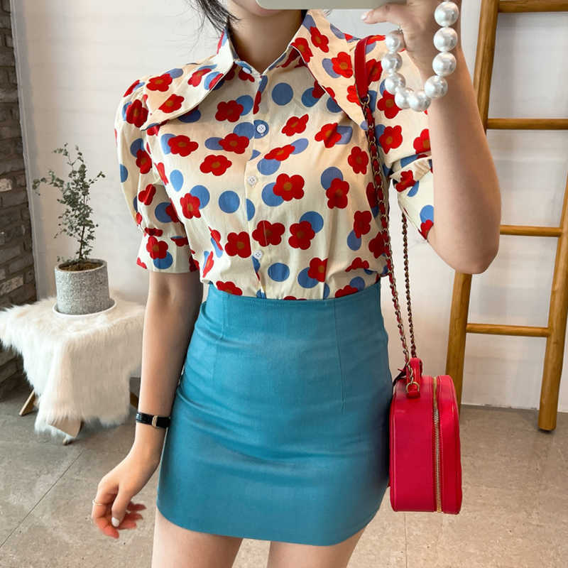 Korejpaa Women Dress Sets Korea Retro Pointed Collar Printed Short-sleeved Shirt and High Waist Pocket Hip Short Skirt Suit 210526