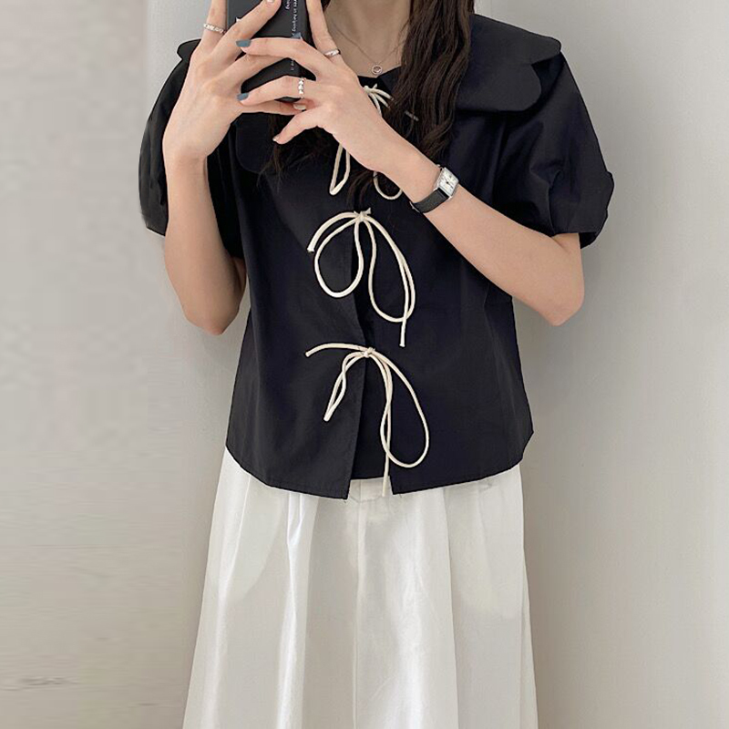 Nomikuma Sweet Bow Tie Blouse Shirt Vintage Chic Peter Pan Collar Puff Sleeve Women Tops Causal Korean Summer New Blusas 6G919 210427