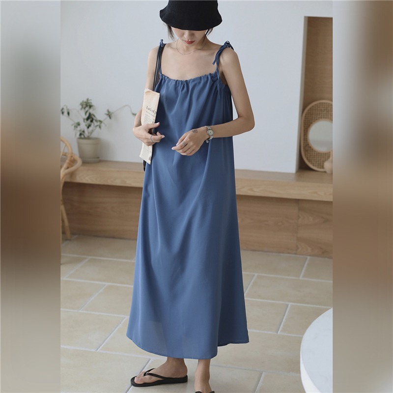 2 colors summer dress korean style soild color loose adjustable spaghetti strap black long dresses womens (B8969) 210423