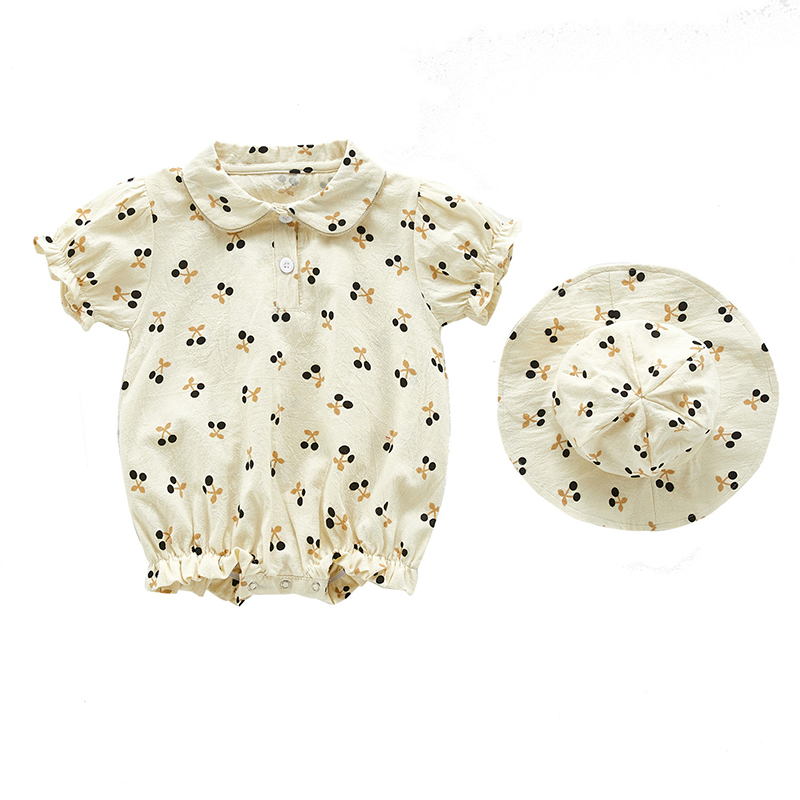 Boys Girls Rompers Korean Style Baby Clothing Set Cherry 2 pieces Bodysuits Single Breast Shirt and Hat 210429
