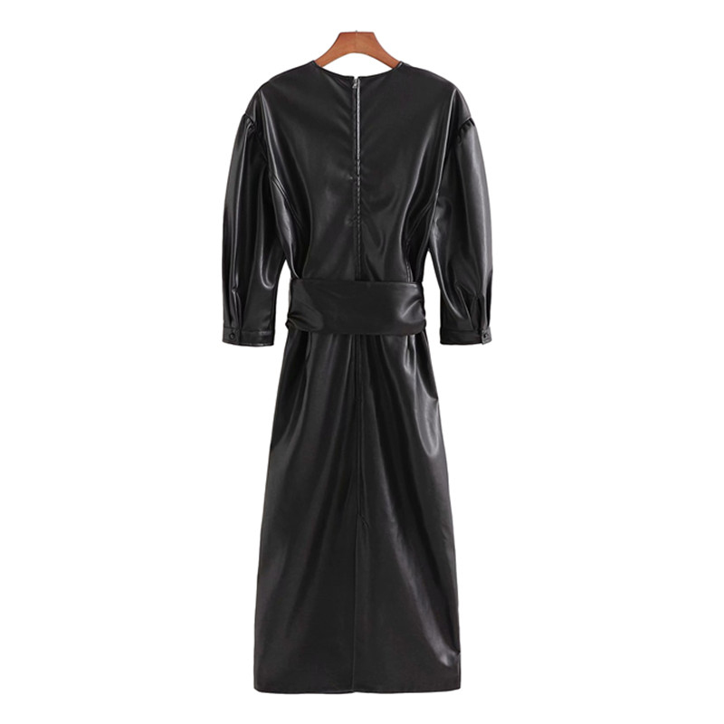 Vintage Woman Black Leather Sashes Long Dress Fashion Ladies Fall Sleeve Pu es Female Cool Solid Color 210515