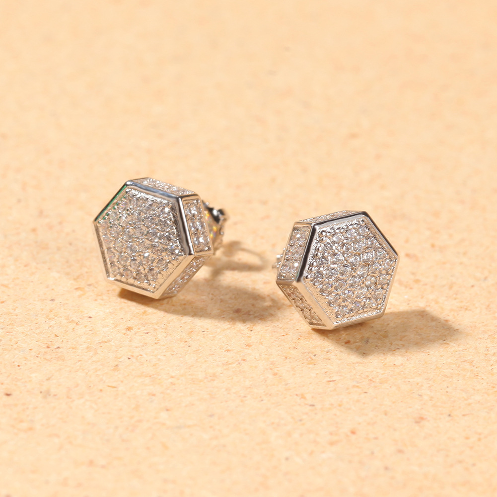 Real Gold Plated 925 Sterling Silver Stud Earring Hip Hop Cubic Zirconia Square Heart Love Polygon Earrings Studs for Men Women Bling Diamond Rapper J