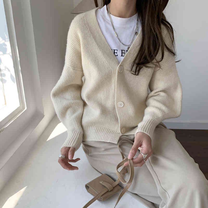 Autumn OL All Match Gentle Solid Knitted Chic Sweaters Loose V-neck Elegance Cardigans Thicken Warm Clothe Tops 210421