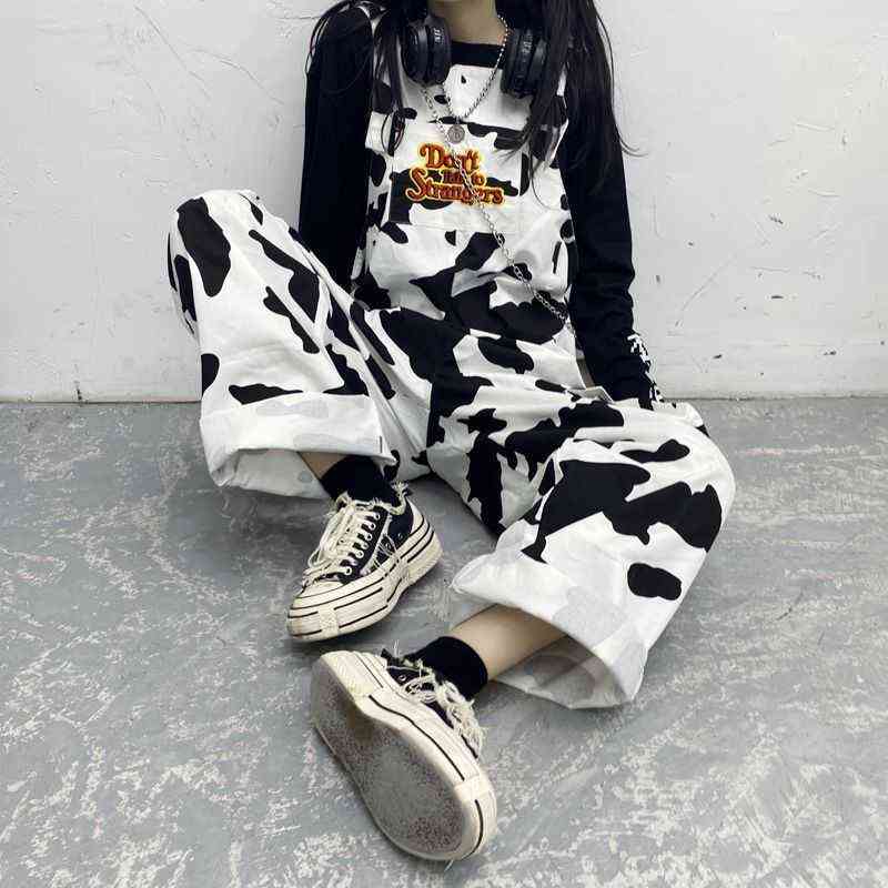 HOUZHOU Hippie Cow Print Jumpsuits Harajuku Patterned Trousers Korean Style Overalls Casual Baggy Wide Leg Pants Spring 211124