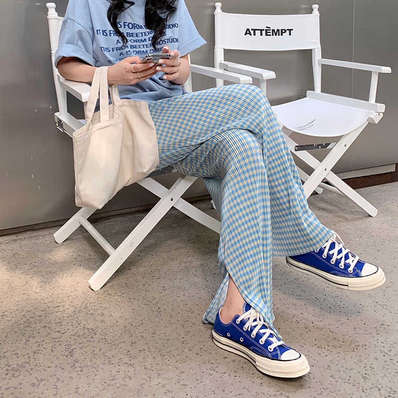 HziriP Blue Plaid Slit High Waist Draping Thin Loose Women Chic Fashion All-Match Straight Pleated Casual Mopping Pants 211115