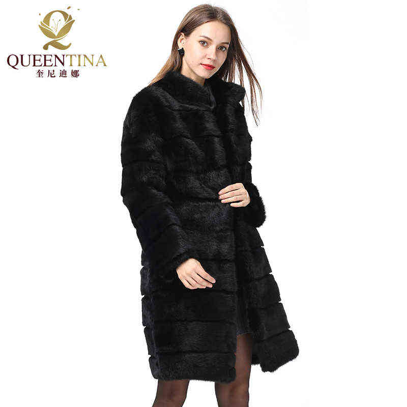 Winter Real Rabbit Fur Coat Stand Collar Thick Soft Warm Natural Fur Long Jacket Women Outwear Full Pelt Fur Coats 211123