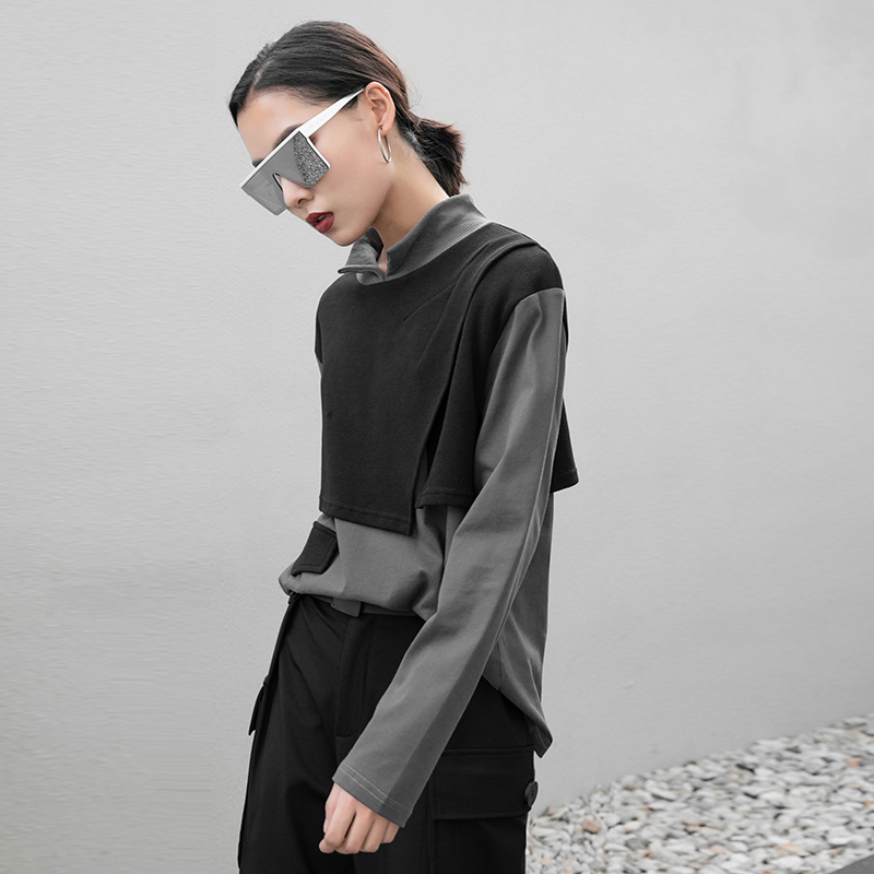 EAM Women Gray Contrast Color Big Size Irregular Tshirt Turtleneck Long Sleeve Fashion Spring Autumn 1DB350 210406