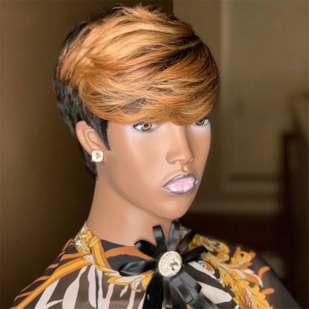Short Honey Blonde Ombre Color Brazilian Human Hair Bob Wig With Bangs Pixie Cut Straight Non Lace Front Wigs For Women