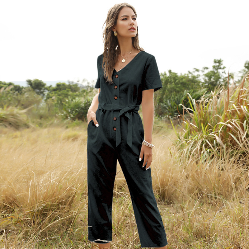 Spring Summer Fashion Short Sleeve Jumpsuits Women Cotton Solid Ankle-length Pants Single Breasted Streetwear Jumpsuits New 210413