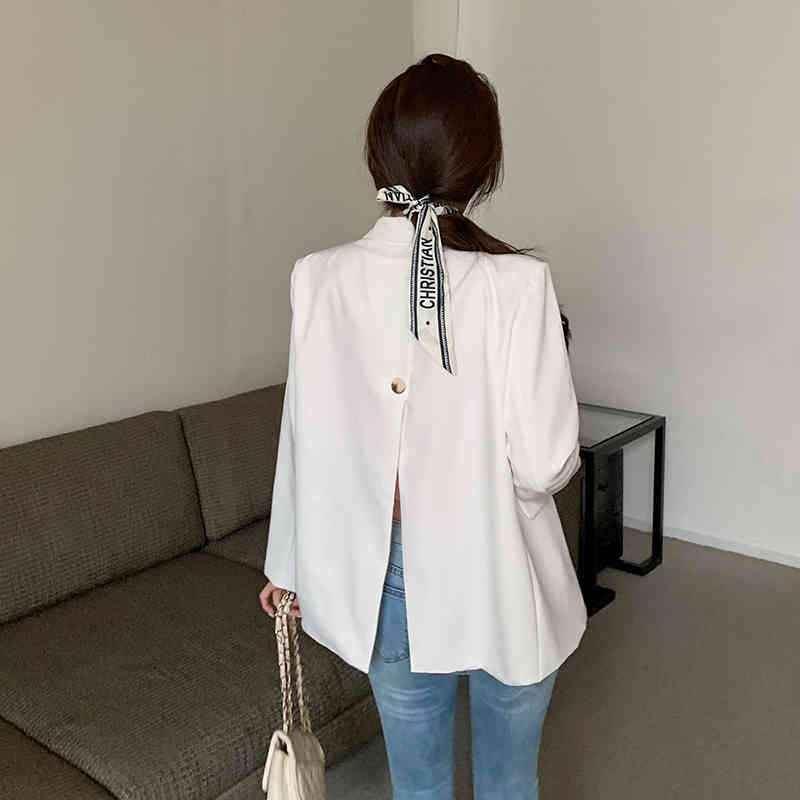 Women Fashion Casual Double Breasted White Blazer Coat Vintage Notched Long Sleeve Female Outerwear Chic Tops 210518