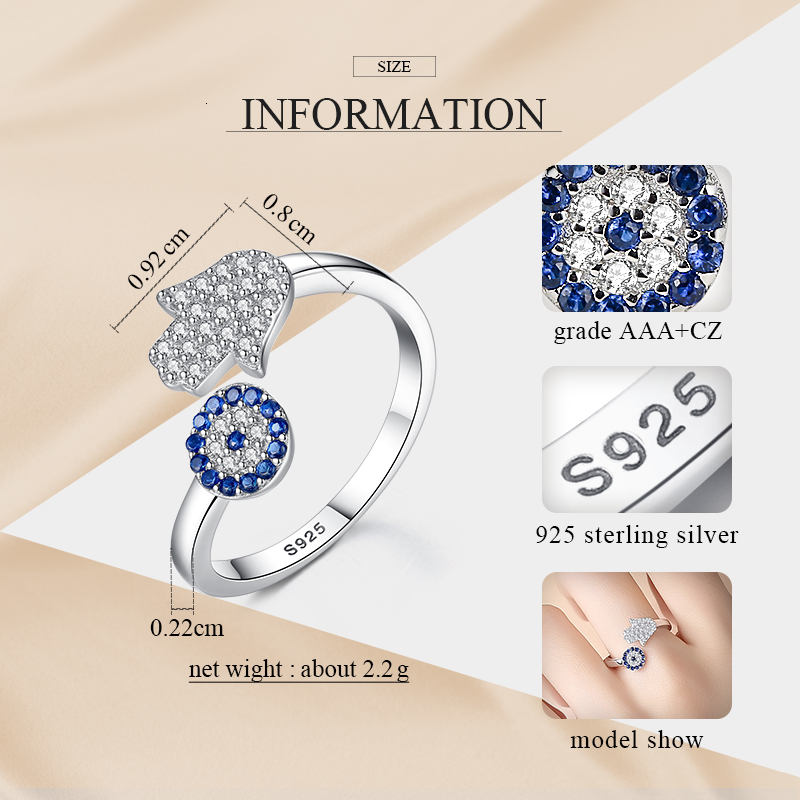 Kaletine 925 Sterling Silver Evil Blue Eye Hamsa Fatima Hand Adjustable Female Rings Open Size Ring Wedding Jewelry