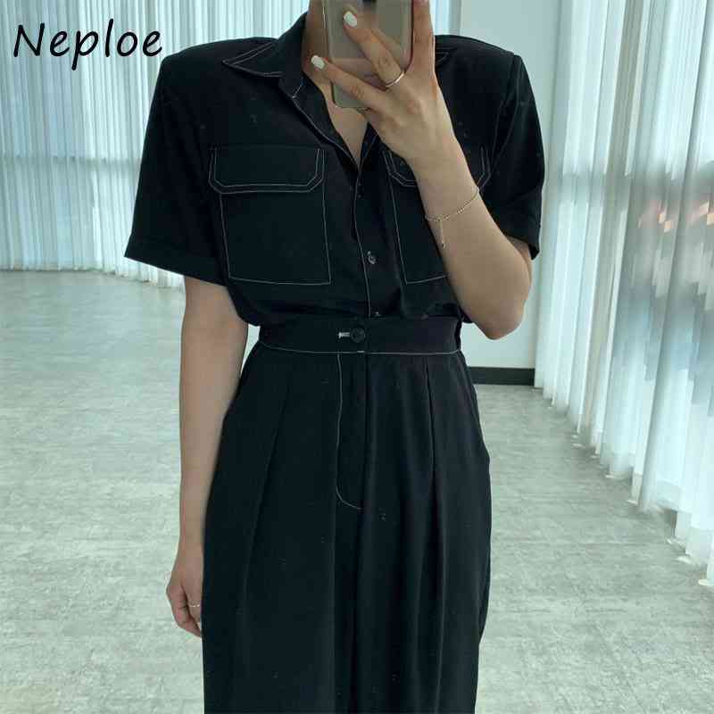 Work Style Ol 2 Pcs Women Set Turn Down Collar Short Sleeve Single Breast Shirt + High Waist Hip Straight Pant Black Suit 210422