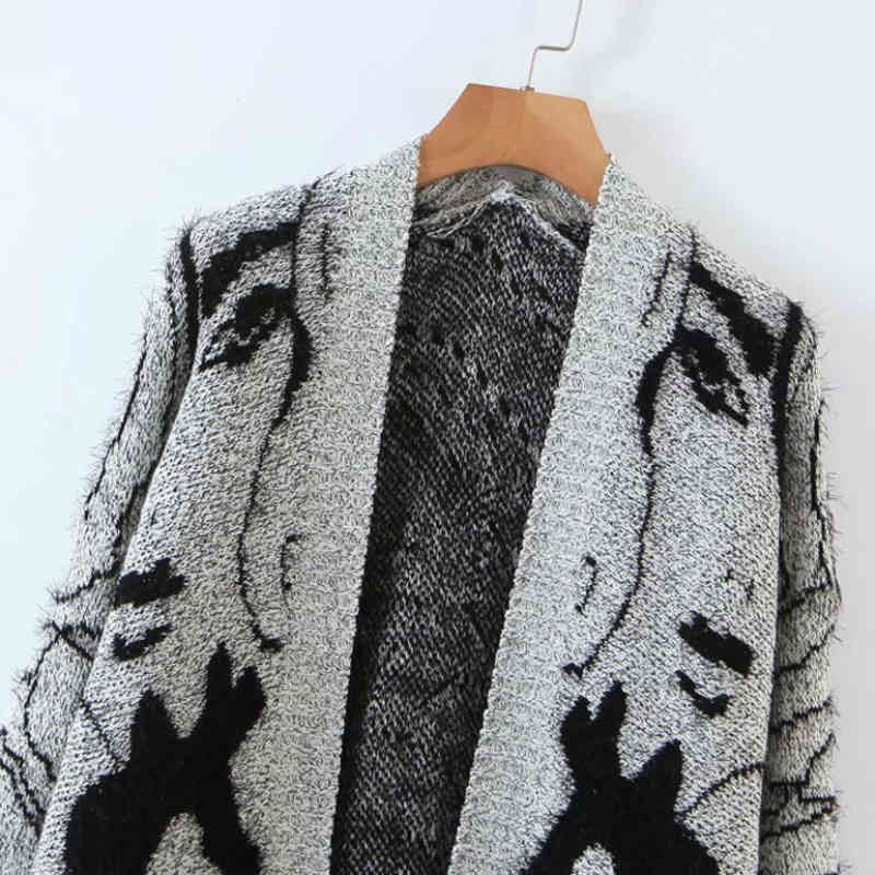 Vintage Woman Grey Embroidery Long Cardigan Spring-Autumn Fashion Soft V Neck Knitted Sweaters Ladies Casual Knitwear 210515