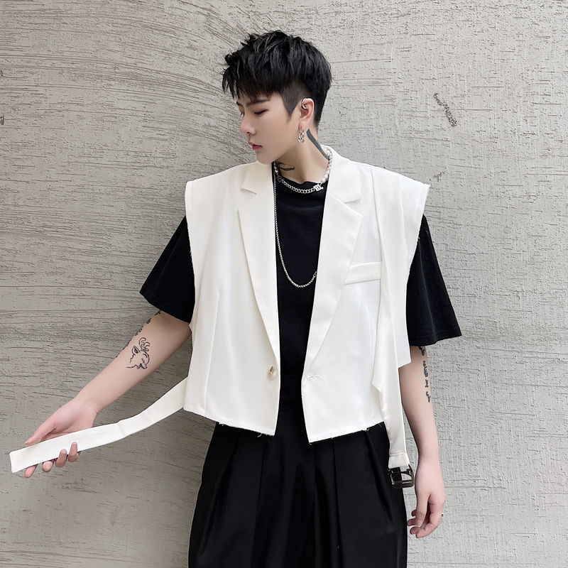 IEFB Men's Clothing Metal Buckle Single Button White Waistcoat For Men Streetwear Fashion Black White Short Vest 9Y7272 210524