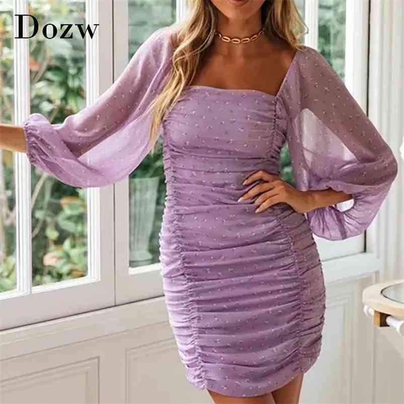 Floral Sexy Bodycon Party Dress Summer See Through Lantern Sleeve Hiloday Mini Backless Pleated Chiffon es 210515