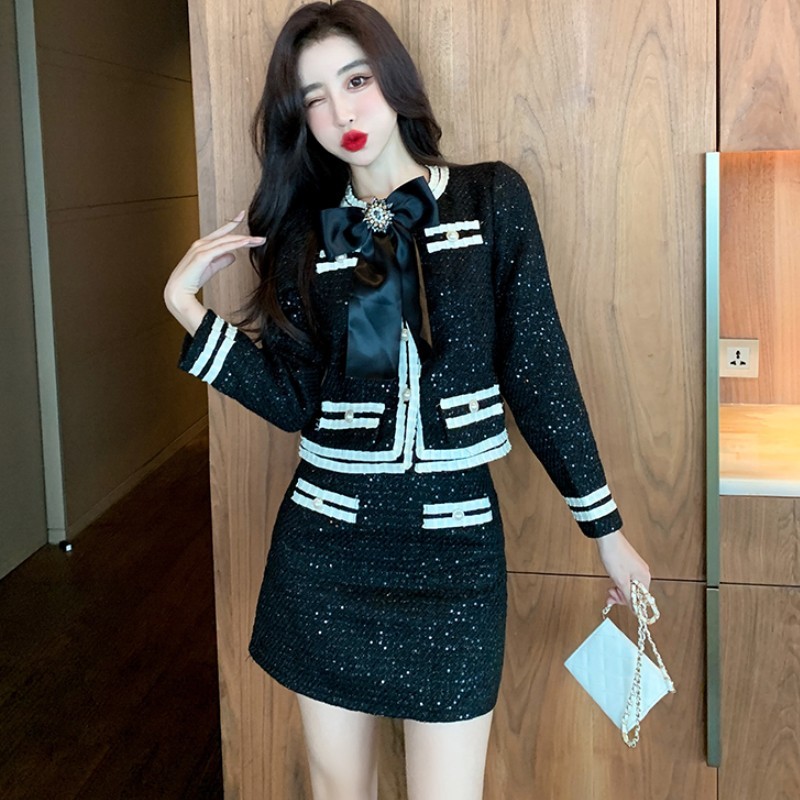 Autumn Winter Women 2 Piece Set Elegant Diamond Bowknot Tweed Short Jacket Coat + High Waist Mini Skirt Suit 210519