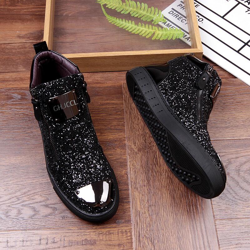 Gold Leather Men Sneakers Punk Casual boots Hip Hop Male High Tops Zip Ankle Boots Flats Zapatillas Hombre