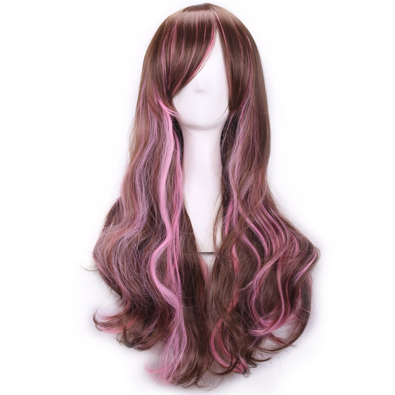 long wavy synthetic hair wigs women japanese harajuku green pink white red purple rainbow color fibre anime cosplay wig ombre