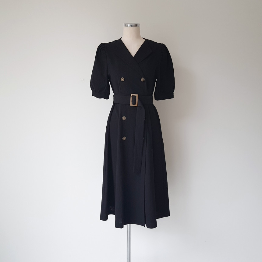 Work Chic Summer Dress Women OL Elegant Vintage Lapel Double-breasted Lace-up Puff Sleeve Slim Office Dresses 210421