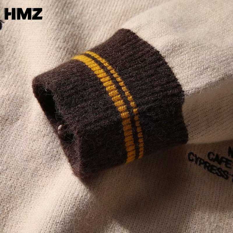 HMZ Van Gogh Sleeve Patchwork Pullover Knit Sweater Mens Hip Hop Embroidery Pullover Crewneck Knitwear Sweaters Streetwear Tops 211008